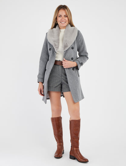 Manteau à col en fourrure synthétique amovible - Gris