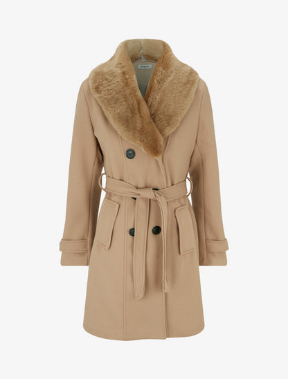 Manteau à col en fourrure synthétique amovible - Camel clair - 1