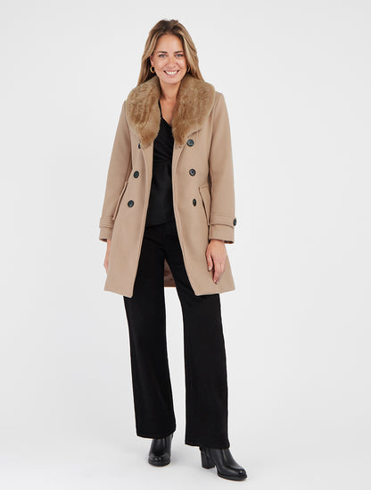 Manteau à col en fourrure synthétique amovible - Camel clair
