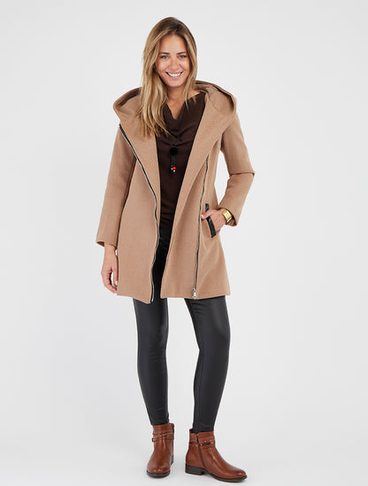 Manteau à capuche et empiècements simili - Camel