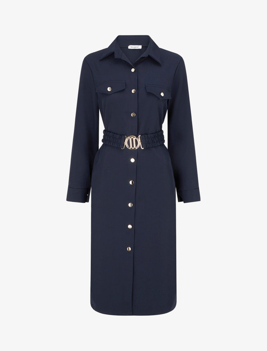 Robe chemise longue à poches décoratives - Marine - 1
