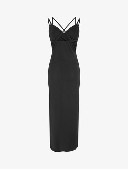 Robe longue ajustée à fente et bretelles - Noir - 2