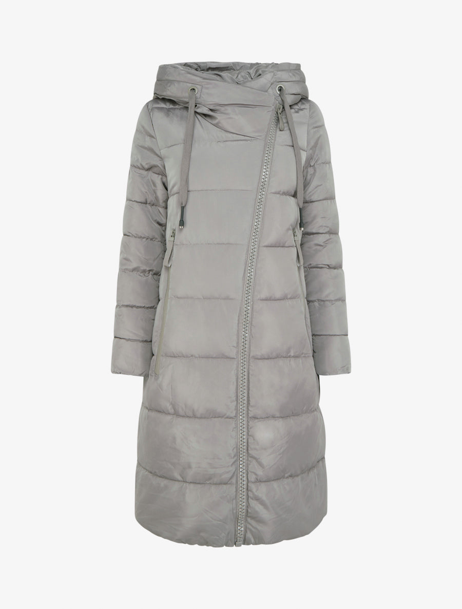 Doudoune longue à capuche et zip en biais - Gris - 1