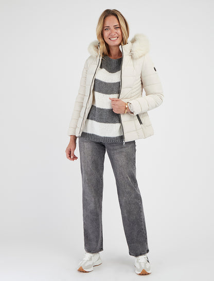 Doudoune droite à capuche en fourrure synthétique - Écru