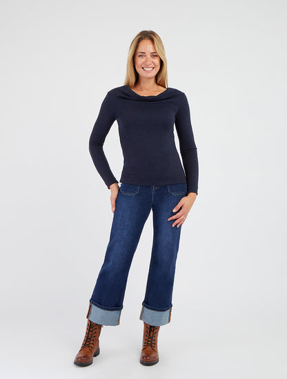 Pull à col bénitier et dos en crochet - Marine - 8