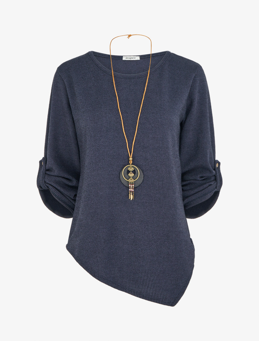 Pull fin asymétrique à manches longues retroussables - Marine - 1