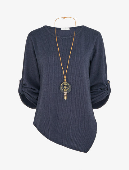 Pull fin asymétrique à manches longues retroussables - Marine - 1