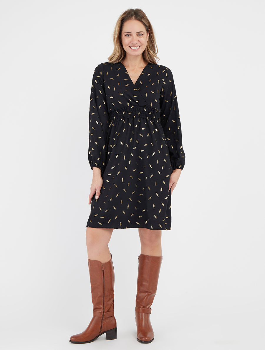 Robe évasée à imprimé plumes dorées - Noir