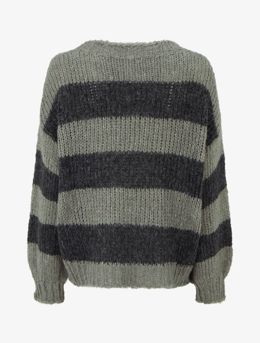 Pull rayé à col rond - Kaki - 2