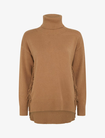 Pull uni à col roulé et franges - Camel - 1