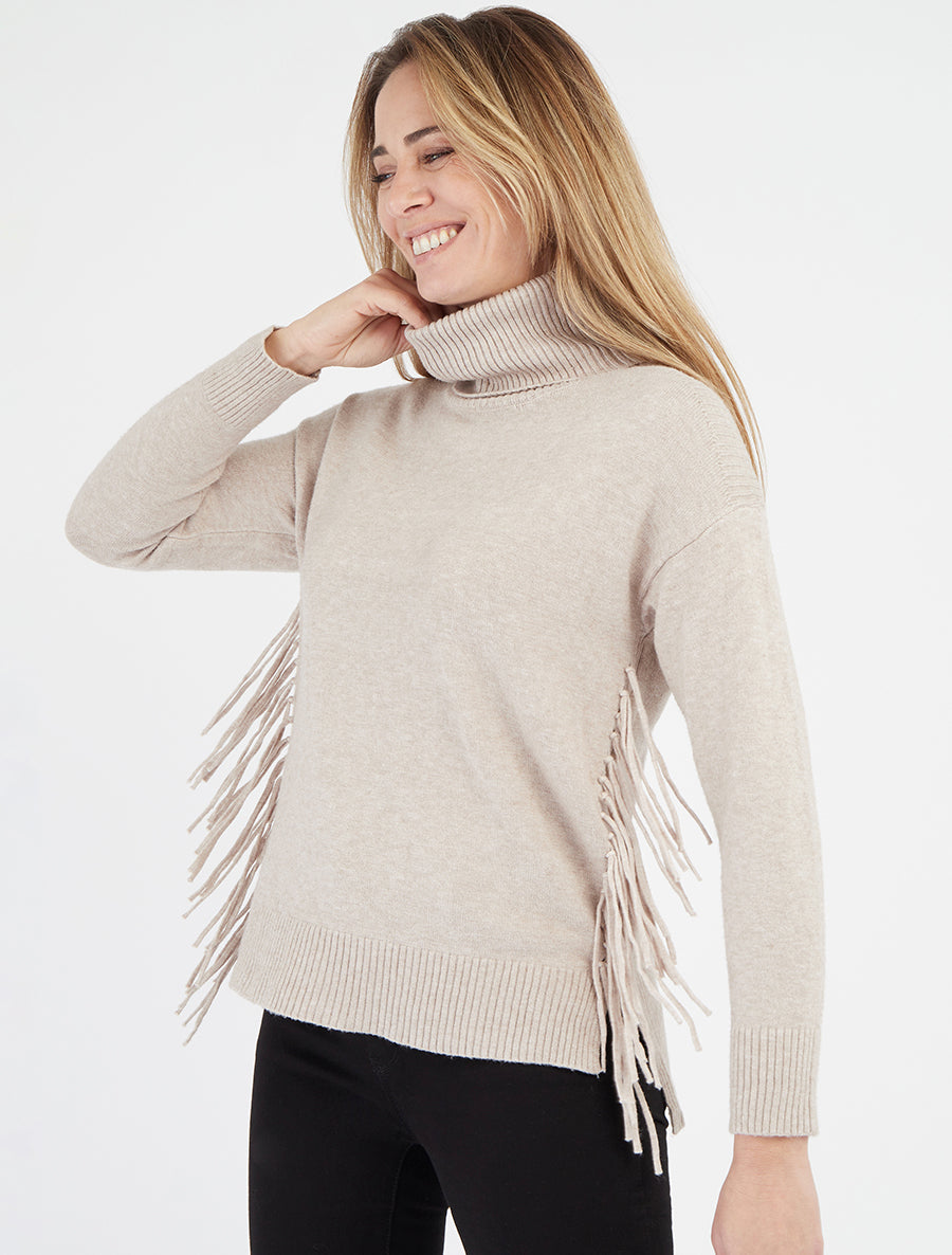 Pull uni à col roulé et franges - Beige