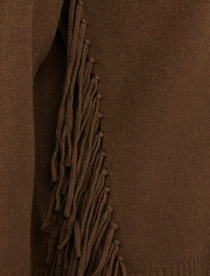 Pull uni à col roulé et franges - Marron - 3