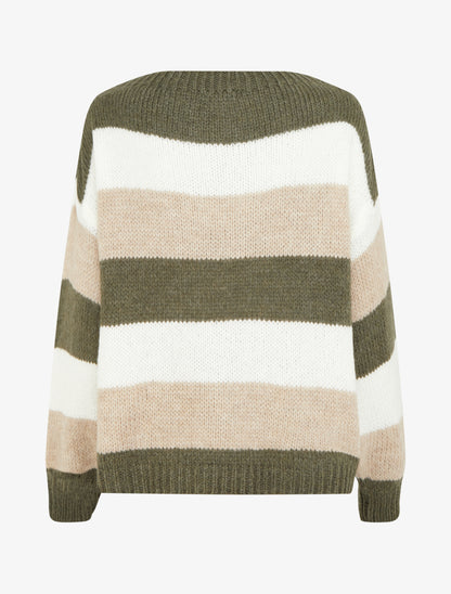 Pull rayé droit à col rond - Kaki