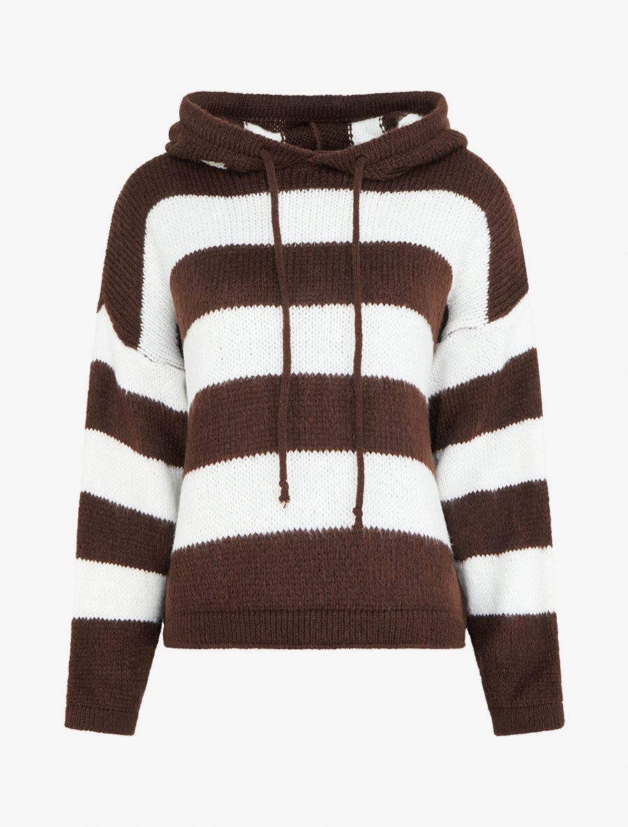 Pull rayé à capuche - Marron - 1