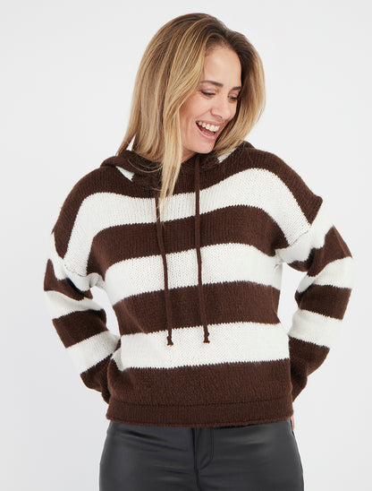 Pull rayé à capuche - Marron