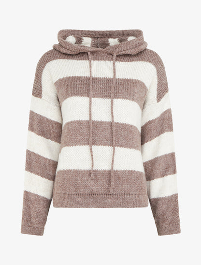 Pull rayé à capuche - Taupe - 1