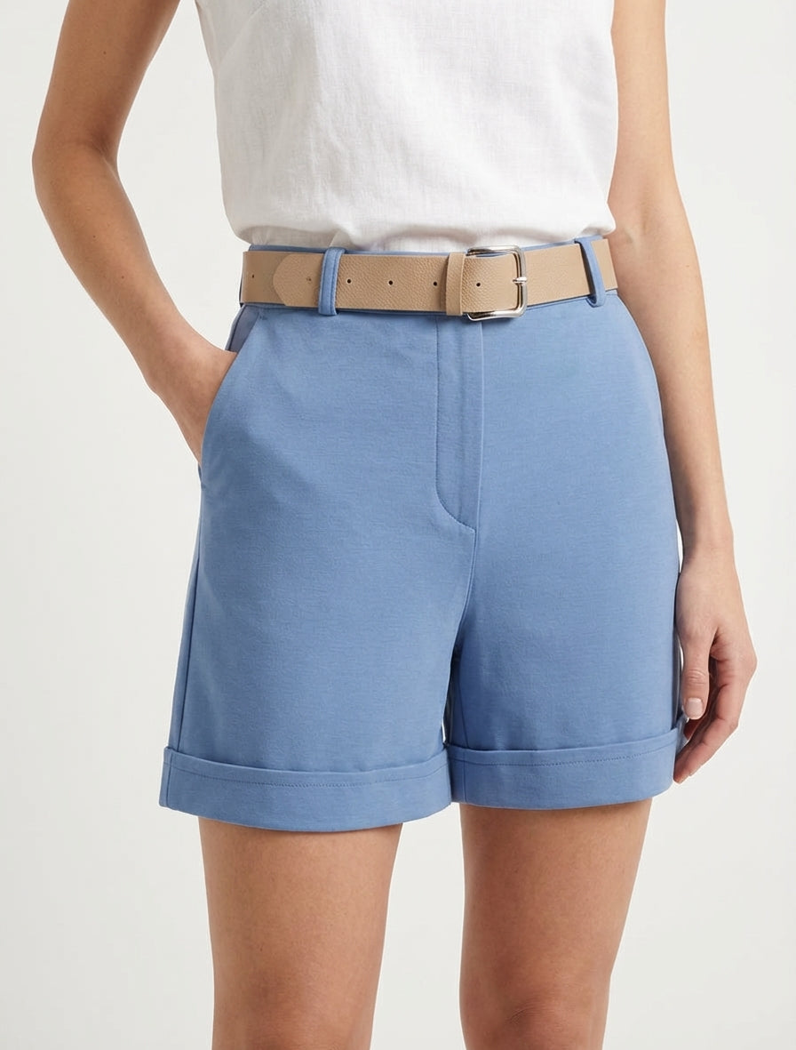 Short ceinturé taille haute - Bleu