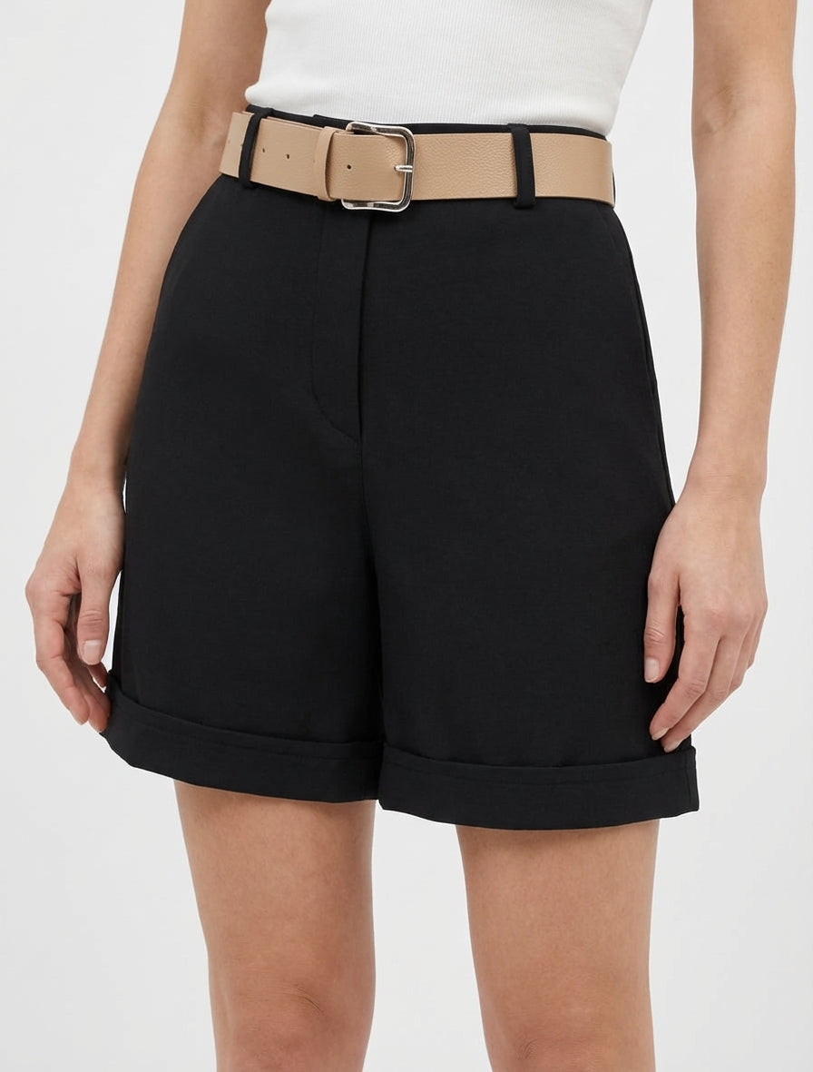 Short taille haute à revers - Noir