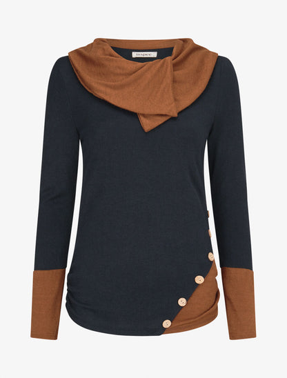 Pull fin à col rond stylisé - Camel/marine - 1