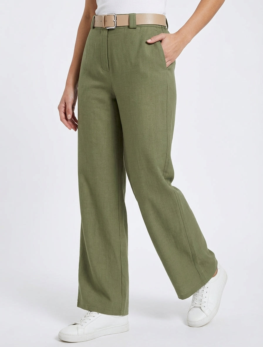 Pantalon droit taille haute ceinturée - Kaki