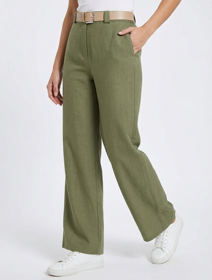 Pantalon droit taille haute ceinturée - Kaki