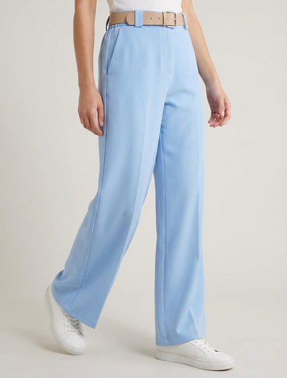 Pantalon droit taille haute ceinturée - Bleu ciel