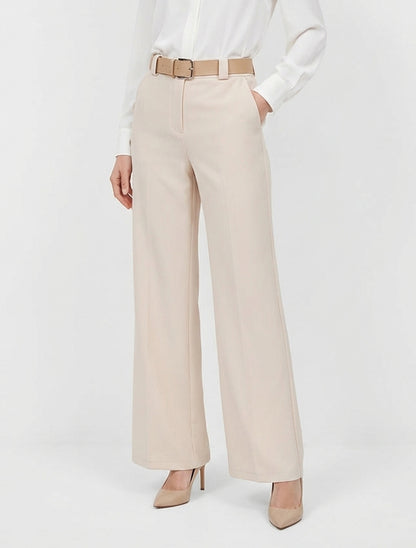 Pantalon droit taille haute ceinturée - Beige