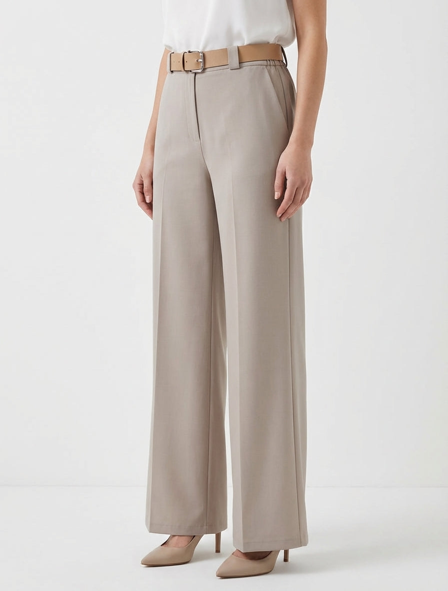 Pantalon droit taille haute ceinturée - Taupe