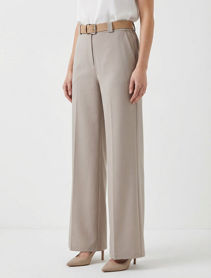 Pantalon droit taille haute ceinturée - Taupe
