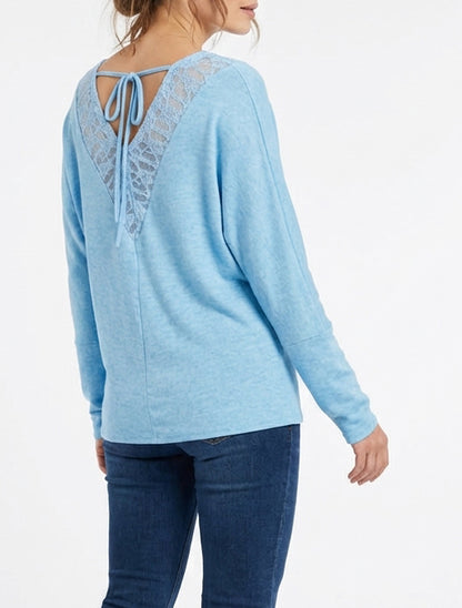 Pull fin encolure bénitier à liens - Bleu ciel