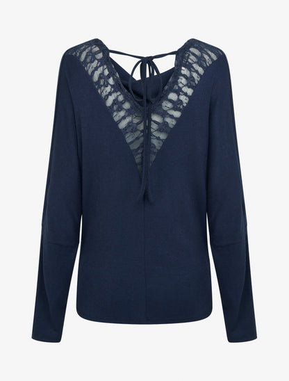 Pull fin uni à empiècement dentelle au dos - Marine - 2