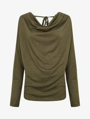 Pull fin uni à empiècement dentelle au dos - Kaki - 1