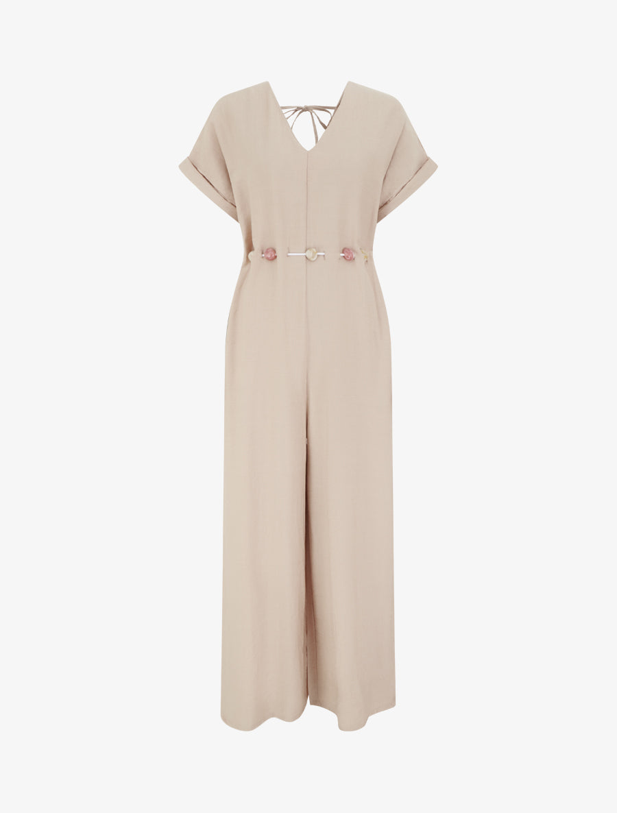 Combinaison ample à manches courtes et ceinture perlée - Beige - 1