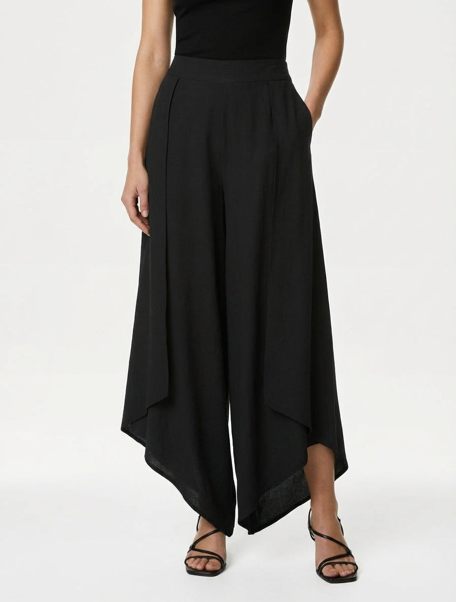 Pantalon ample taille haute élastiquée - Noir