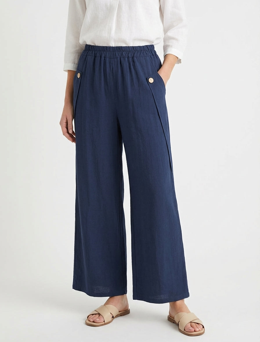 Pantalon ample à taille haute élastiquée - Marine