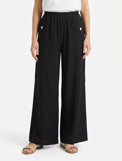 Pantalon ample taille haute à boutons - Noir