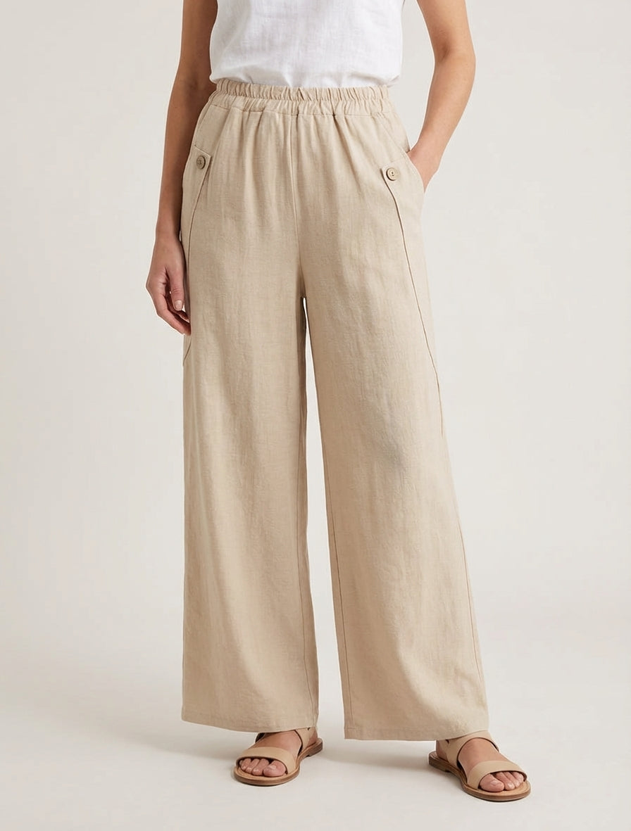 Pantalon ample taille haute à poches - Beige
