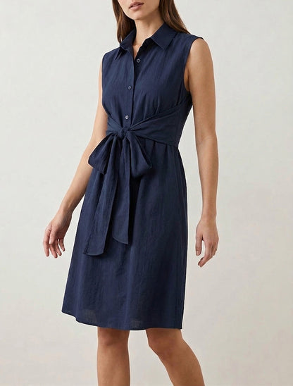 Robe chemise droite à pan noué - Marine