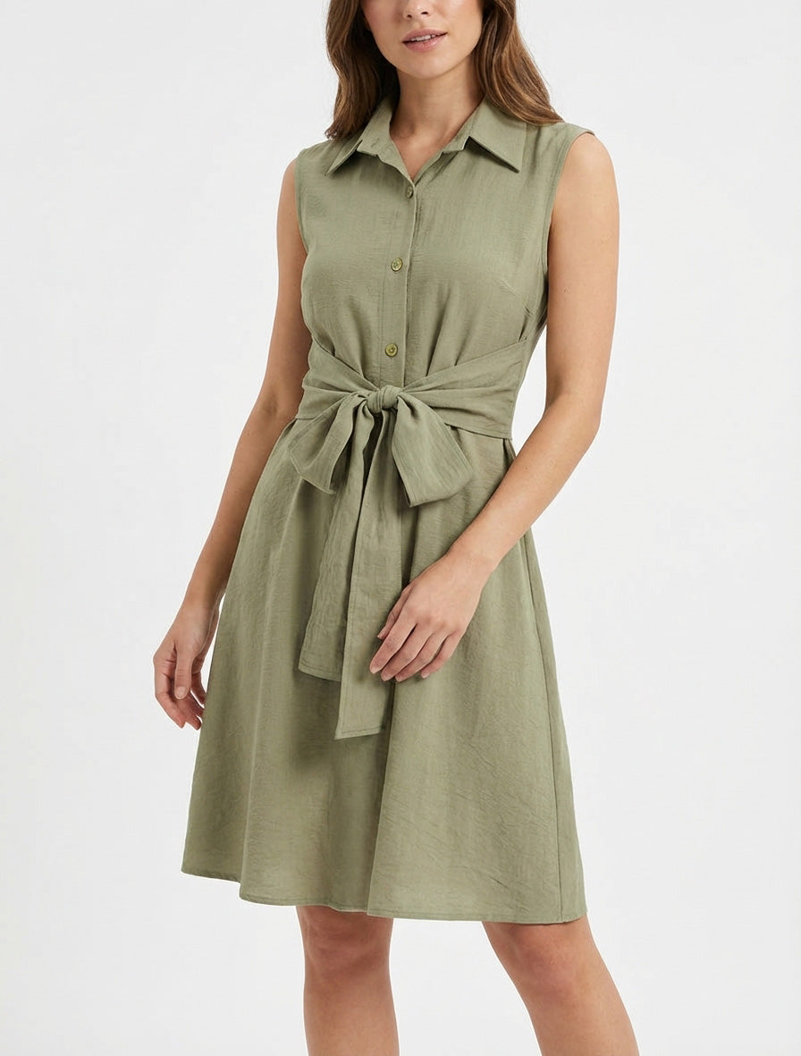 Robe chemise dos élastiqué à nouer - Vert olive