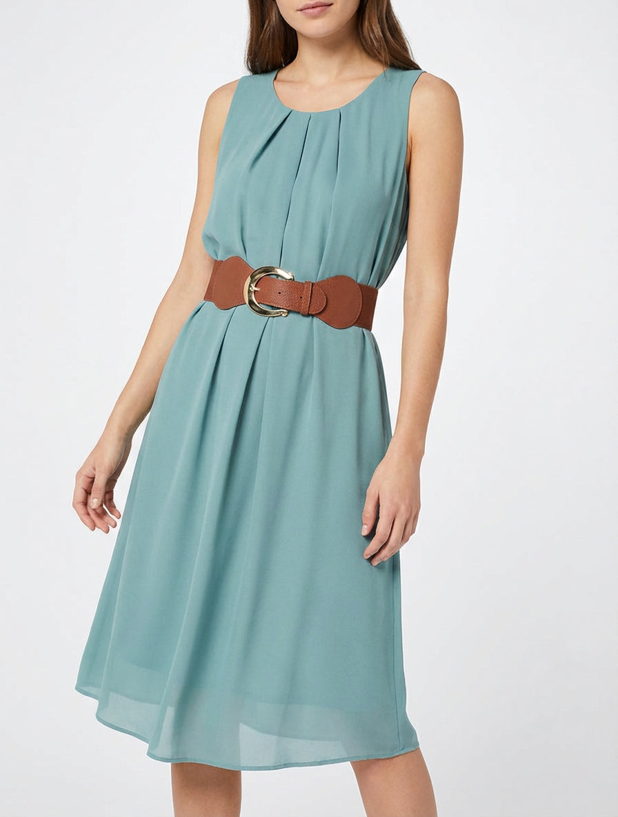 Robe fluide encolure plissée - Turquoise
