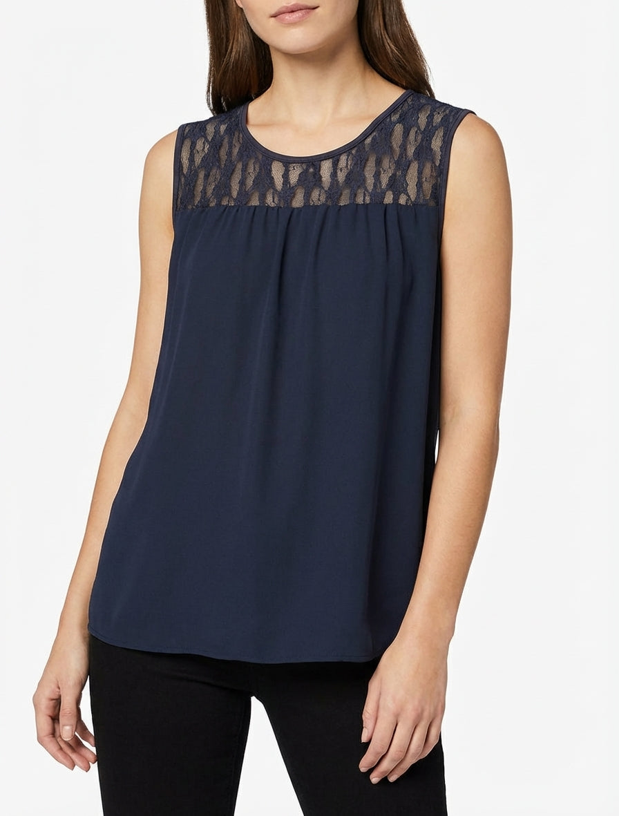 Top fluide col rond dentelle - Marine