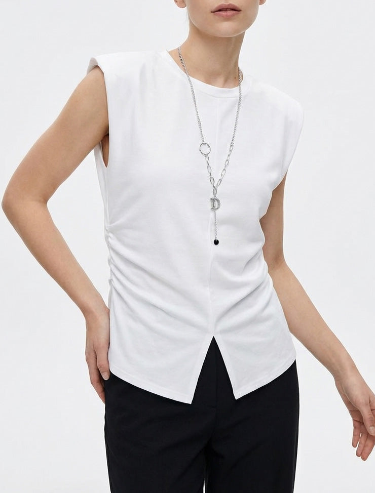 Top sans manches col rond froncé - Blanc