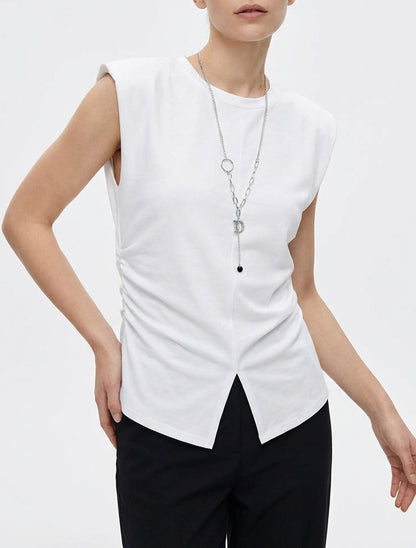 Top sans manches col rond froncé - Blanc