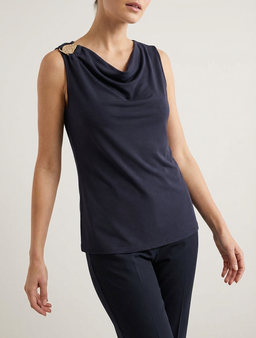 Top col bénitier à bretelle bijou - Bleu nuit