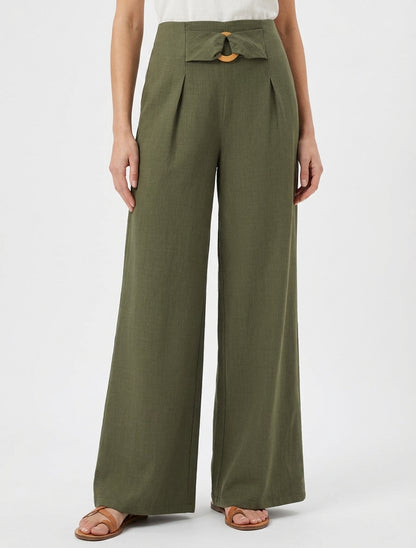 Pantalon ample taille haute élastiquée - Kaki