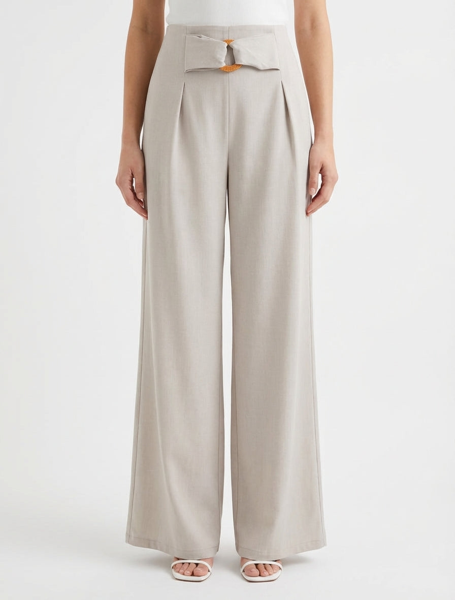 Pantalon fluide taille haute élastiquée - Beige