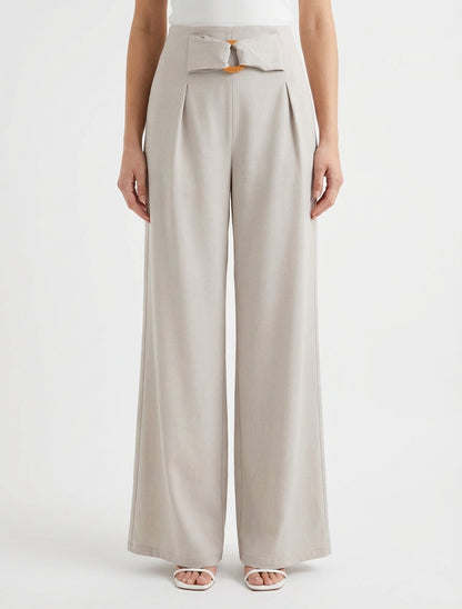Pantalon fluide taille haute élastiquée - Beige