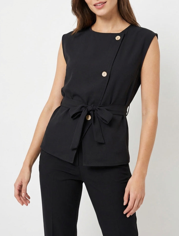 Top fluide boutonné à ceinture - Noir