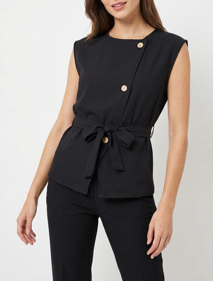 Top fluide boutonné à ceinture - Noir