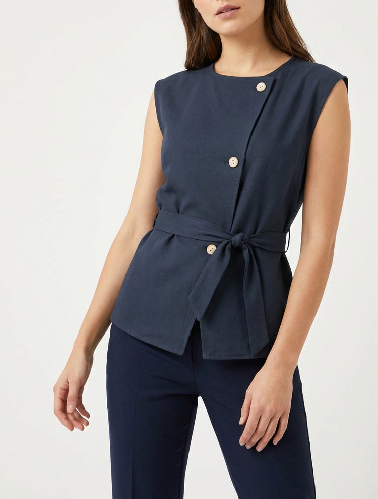 Top fluide col rond ceinture - Marine